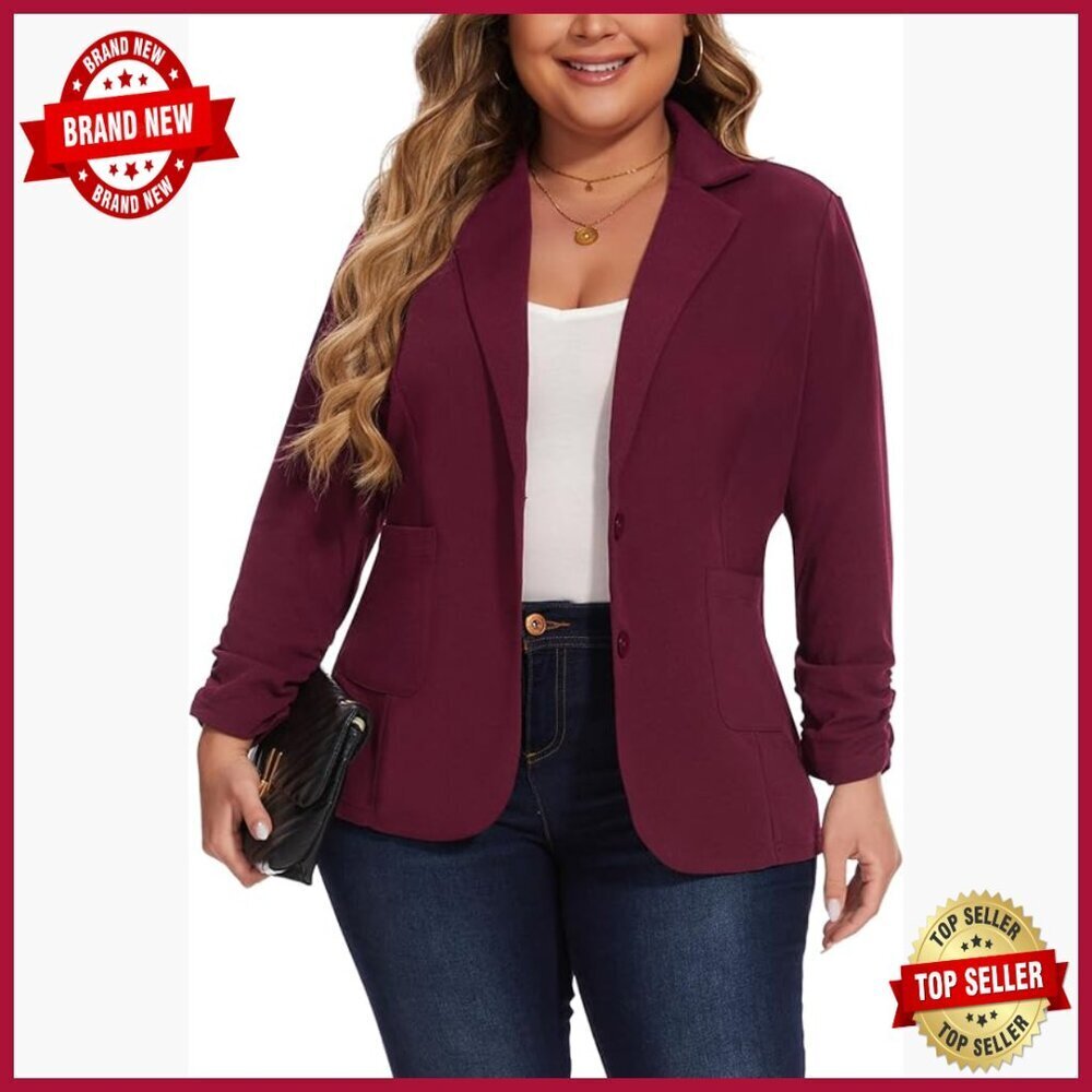 Plus Size Blazer 3/4 Sleeve Button Front Notched Lapel Business Casual